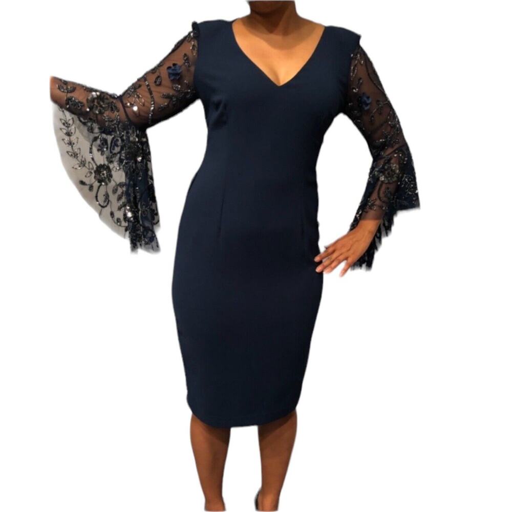 Adrianna Papell Blue Sequin Bat Wing Dress V-Neck Elegant‎ Event Party Womens 6